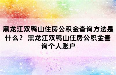 黑龙江双鸭山住房公积金查询方法是什么？ 黑龙江双鸭山住房公积金查询个人账户